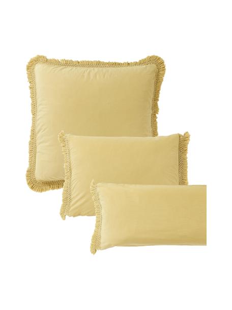 Funda de almohada de algodón con flecos Abra, 100% algodón
Densidad de hilo 165 TC, calidad estándar

El algodón da una sensación agradable y suave en la piel, absorbe bien la humedad y es adecuado para personas alérgicas.

El material utilizado en este producto ha sido probado contra sustancias nocivas y está certificado según STANDARD 100 por OEKO-TEX® (10817CIT, CITEVE)., Amarillo, An 50 x L 70 cm