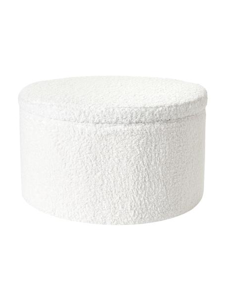 Grand tabouret en tissu bouclé avec coffre Alida, Tissu peluche blanc, Ø 70 x haut. 42 cm