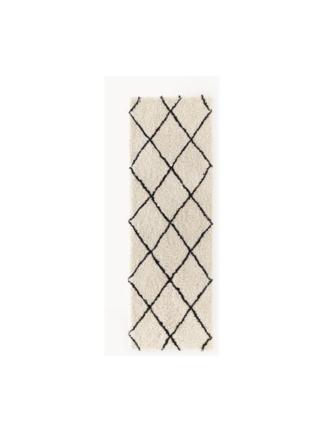 Pluizige hoogpolige loper Naima, handgetuft, Onderzijde: 100% katoen Het materiaal, Beige, zwart, B 80 x L 250 cm