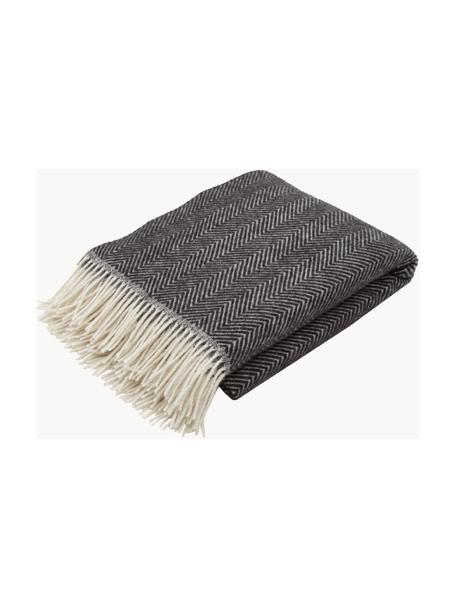Plaid en laine à franges et motif chevrons Tirol-Mona, Noir, larg. 140 x long. 200 cm