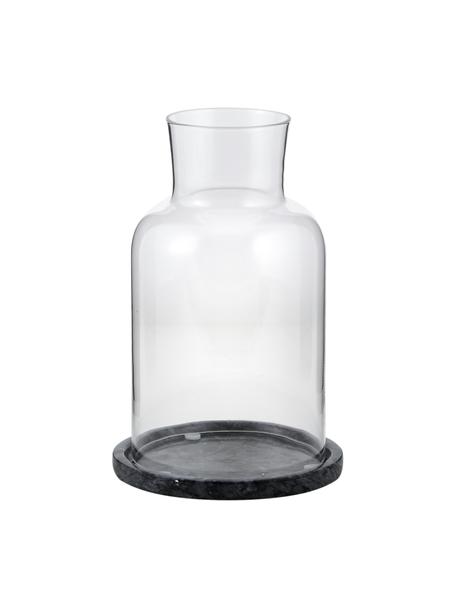 Glazen windlicht Lindon met marmeren schotel, Glas, marmer, Zwart, gemarmerd, transparant, Ø 13 x H 22 cm