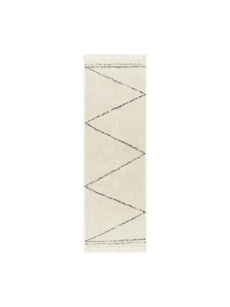 Handgetufteter Baumwollläufer Asisa mit Zickzack-Muster und Fransen, 100% Baumwolle, Hellbeige, Schwarz, B 80 x L 250 cm