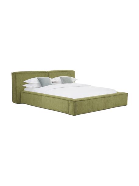 Gestoffeerd bed Lennon in groen van corduroy, Bekleding: corduroy (98% polyester, , Frame: massief grenenhout, multi, Corduroy groen, B 140 x L 200 cm