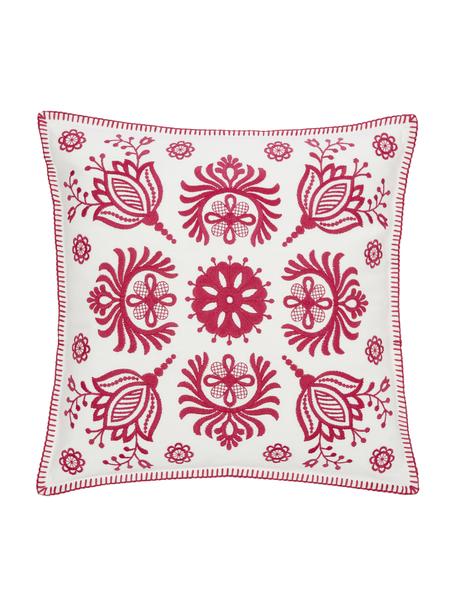 Housse de coussin ethnique 45x45 coton brodé Folk, 100 % coton, Rose, blanc, larg. 45 x long. 45 cm