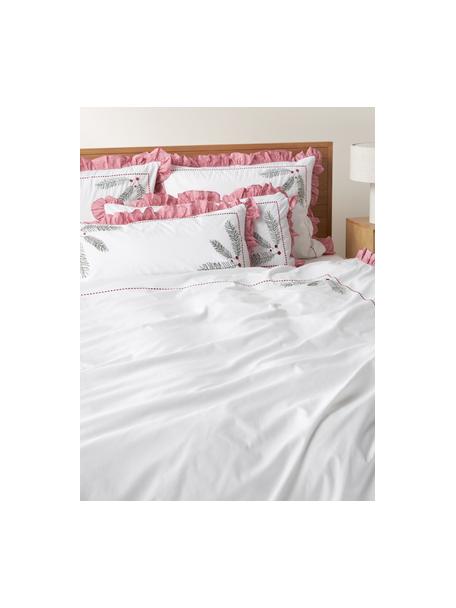 Funda nórdica de percal bordada con volantes Dina, Blanco, rojo, Cama 90 cm (155 x 220 cm)
