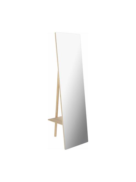 Rahmenloser Standspiegel Keisy mit hellem Holzgestell und Ablagefläche, Gestell: Mitteldichte Holzfaserpla, Spiegelfläche: Spiegelglas, Hellbraun, B 45 x H 160 cm