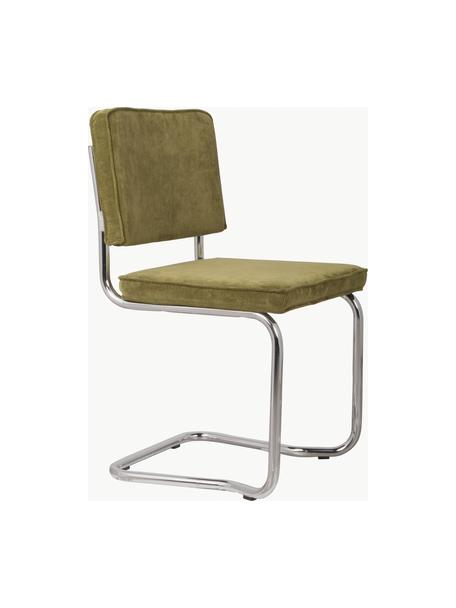 Silla cantilever de pana Kink, Tapizado: pana (88% nylon, 12% poli, Estructura: metal cromado, Pana verde claro, plateado, An 48 x F 48 cm