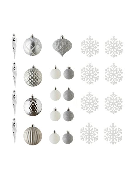 Breukvaste kerstboomhangersset Valerie, 50-delig, Breukvaste kunststof, Zilverkleurig, wit, Set met verschillende formaten