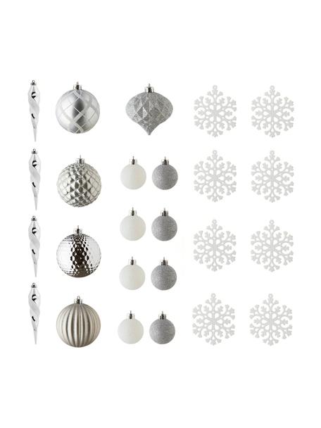 Décoration sapin de Noël Valerie, 50 élém., Plastique robuste, Couleur argentée, blanc, Lot de différentes tailles