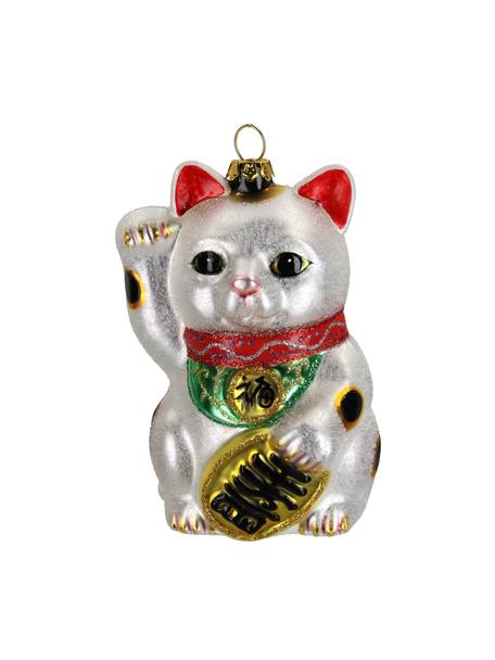 Ciondolo Fortune Cat, Vetro, Argentato, Larg. 7 x Alt. 11 cm