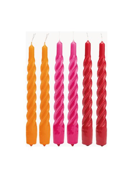 Set di 6 candele a bastoncino Mixed Twisted, Cera paraffinica, Arancione, rosa, rosso, Alt. 20 cm