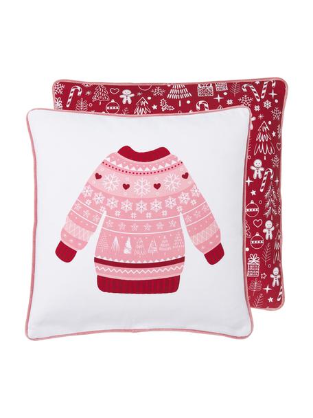 Housse de coussin 45x45 brodée motif hiver Sweater, Blanc, rouge, rose, larg. 45 x long. 45 cm