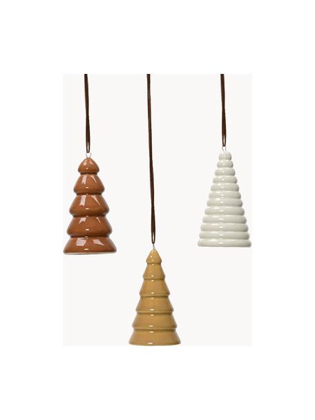 Set de adornos navideños pinos de porcelana Classy, 3 uds., Porcelana, Beige, marrón, blanco, Ø 5 x Al 9 cm