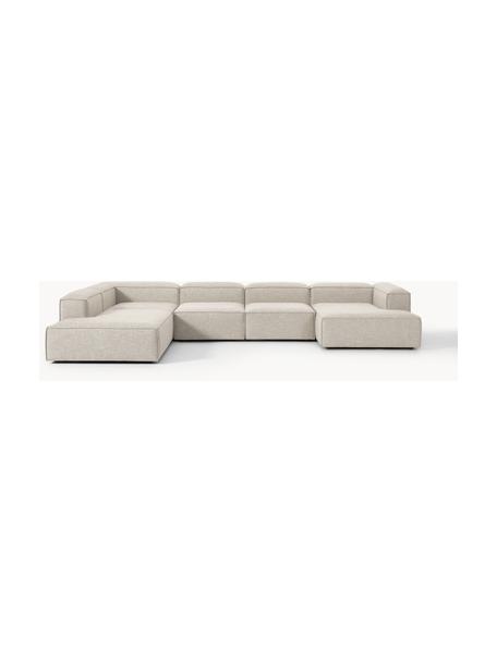 Sofa modułowa z mieszanki lnu Lennon, Tapicerka: 50% wiskoza, 25% len, 15%, Nogi: tworzywo sztuczne Ten pro, Szara mieszanka lnu, S 418 x G 269 cm, prawostronna