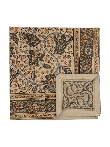 Baumwoll-Servietten Nil mit floralem Muster, 4er-Set, 100% Baumwolle, Grün, Braun, 45 x 45 cm