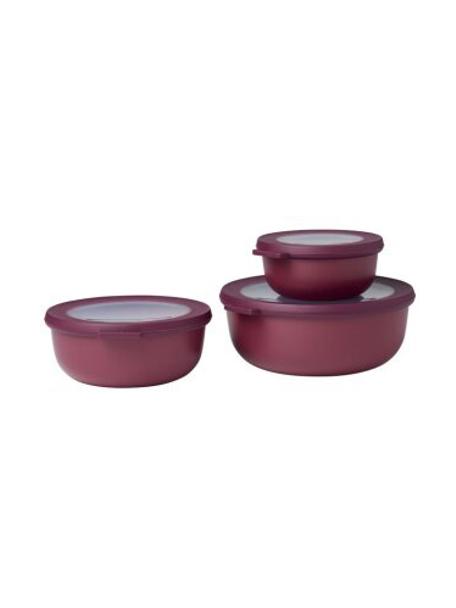 Runde Aufbewahrungsschüssel Cirqula, 3er-Set, Polypropylen (PP), Thermoplastische Elastomere (TPE), BPA-frei, Weinrot, 350 ml / 750 ml / 1.25 L