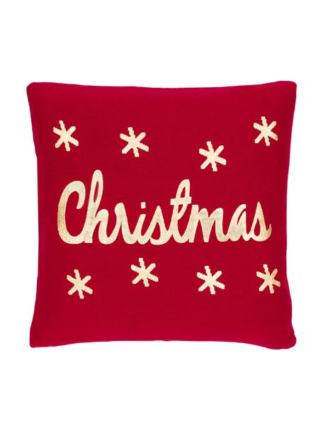 Strick-Kissenhülle Christmas in Rot/Gold mit Schriftzug, Baumwolle, Rot, Gold, B 40 x L 40 cm