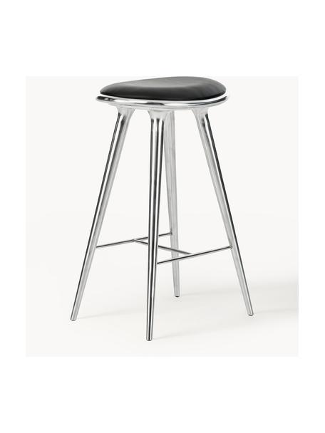 Sgabello da bar High Stool, Gambe: alluminio rivestito, Seduta: pelle, Pelle nera, argentato lucido, Larg. 45 x Alt. 69 cm