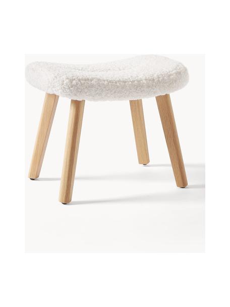 Tabouret en tissu bouclé avec pieds en bois Wing, Peluche blanc, bois de bouleau, larg. 50 x haut. 41 cm