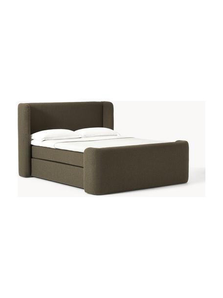 Letto boxspring in bouclé Perla, Rivestimento: bouclé (71% poliacrilico,, Materasso: materasso a 7 zone con an, Piedini: plastica Questo prodotto , Bouclé verde oliva, Larg. 140 x lung. 200 cm, grado di durezza H3