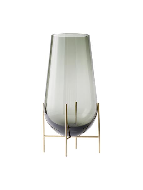 Vaso da terra in vetro soffiato Echasse, Struttura: ottone, Vaso: vetro soffiato, Grigio, dorato, Ø 15 x Alt. 28 cm