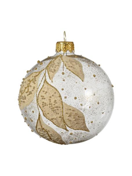 Kerstballen Leaves Ø 8 cm, 6 stuks, Goudkleurig, wit, Ø 8 cm