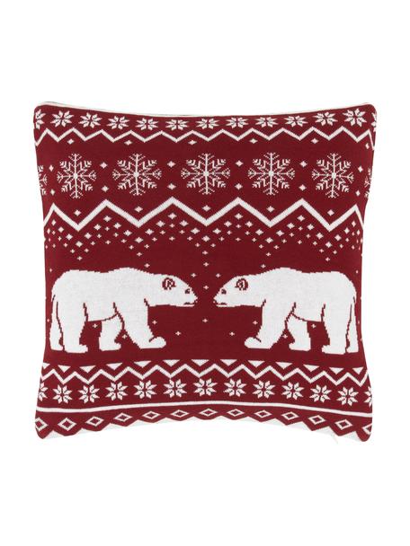 Pletený povlak na polštář Bear, 100% bavlna, Tmavě červená, slonová kost, Š 40 cm, D 40 cm
