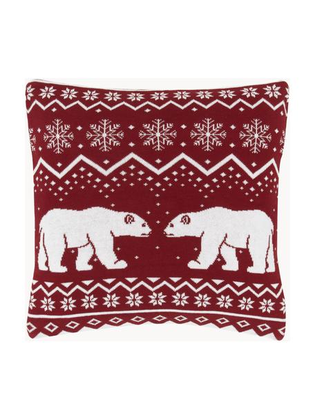 Gebreide kussenhoes Bear, 100% katoen, Donkerrood, wit, B 40 x L 40 cm