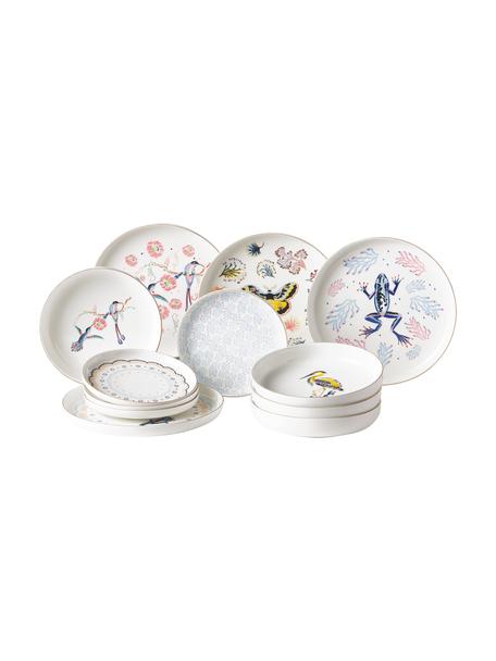 Komplet naczyń Flamboyant, dla 4 osób (12 elem.), Porcelana, Wielobarwny ze złotą krawędzią, Ø 26 x W 3 cm