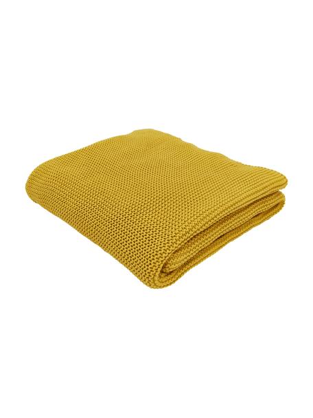 Plaid tricot jaune moutarde en coton bio Adalyn, 100 % coton bio, certifié GOTS, Jaune, larg. 150 x long. 200 cm