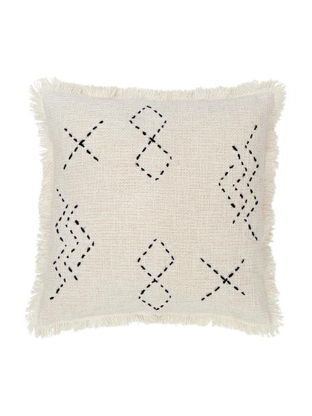 Poszewka na poduszkę z frędzlami i haftem w stylu boho Edvin, 100% bawełna, Beżowy, S 45 x D 45 cm