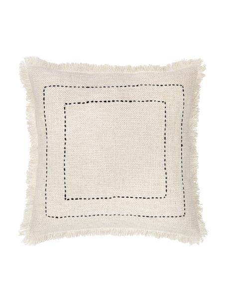 Federa arredo boho ricamata con frange Edvin, 100% cotone, Color crema, nero, Larg. 45 x Lung. 45 cm