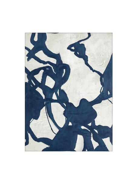 Ręcznie malowany obraz na płótnie w drewnianej ramie Blueplay, Stelaż: drewno sosnowe, Złamana biel, ciemny niebieski, S 92 x W 120 cm