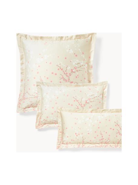 Taie d'oreiller en satin de coton à motif floral Sakura, Beige clair, rose pâle, blanc, larg. 50 x long. 70 cm