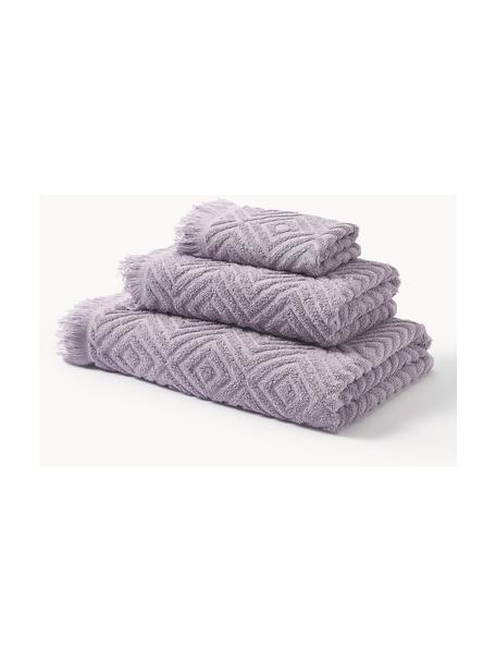 Handdoekenset Jacqui met hoog-laag patroon, set van 4, Lavendel, Set van 3 (gastendoekje, handdoek & douchehanddoek)