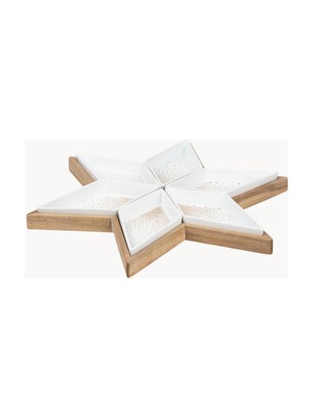 Set di 7 ciotole in porcellana Star, Vassoio: legno di acacia, Bianco, legno chiaro, dorato, Larg. 43 x Prof. 43 cm