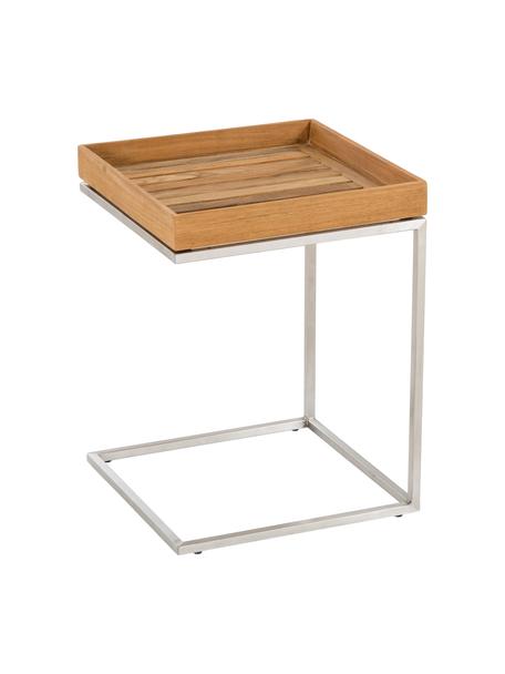 Mesa auxiliar para exterior con bandeja extraíble Pizzo, Tablero: madera de teca maciza ace, Estructura: acero inoxidable lijado, Teca, acero inoxidable, An 40 x Al 52 cm