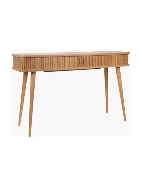 Houten bijzettafel Barbier met opbergruimte en geribbelde voorzijde, Frame: MDF, essenhoutfineer, Essenhout, B 120 x D 35 cm