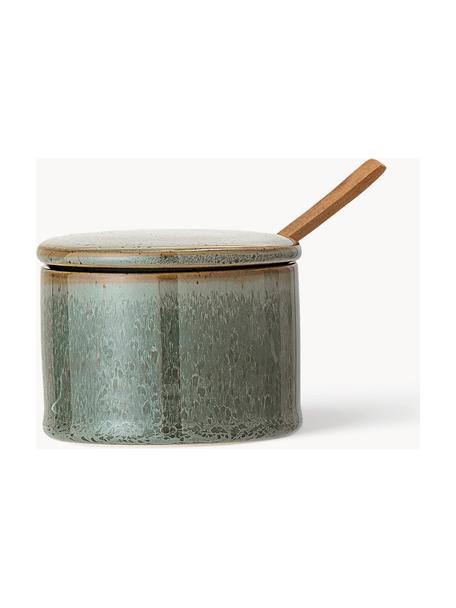 Zuccheriera con cucchiaio in legno Pixie, Contenitore: gres, Cucchiaio: legno d'acacia, Verde salvia maculato, Ø 8 x Alt. 6 cm