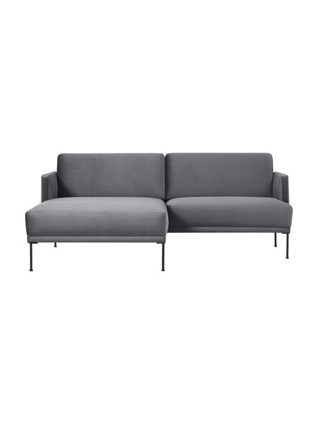 Petit canapé d'angle en velours et pieds en métal Fluente, Tissu gris foncé, larg. 198 x prof. 152 cm, méridienne à gauche