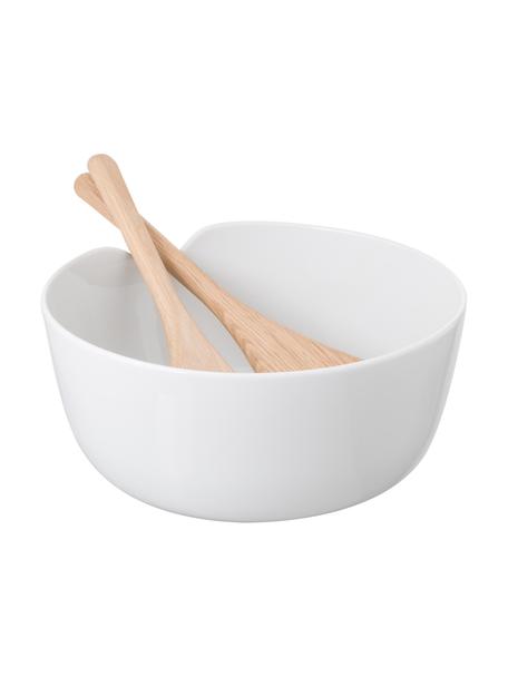 Porcelánová misa na šalát s príborom Dine, Biela, dubové drevo, Ø 24 x V 11 cm