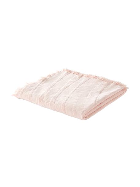 Plaid en coton texturé rose clair à franges Wavery, 100 % coton bio, certifié BCI, Rose pâle, larg. 130 x long. 170 cm