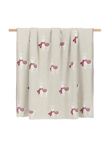 Strick-Plaid Alpaka aus Baumwolle, 100% Baumwolle, Beige, Dunkelrot, Weiß, B 130 x L 170 cm