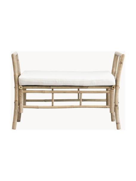 Banc de jardin bambou avec coussin d'assise Mandisa, Tissu blanc crème, beige, larg. 99 x haut. 65 cm