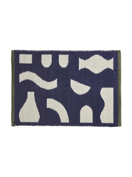 Handgemaakte deurmat Ceres, 80% wol, 20% katoen, Donkerblauw, crèmewit, B 50 x L 70 cm