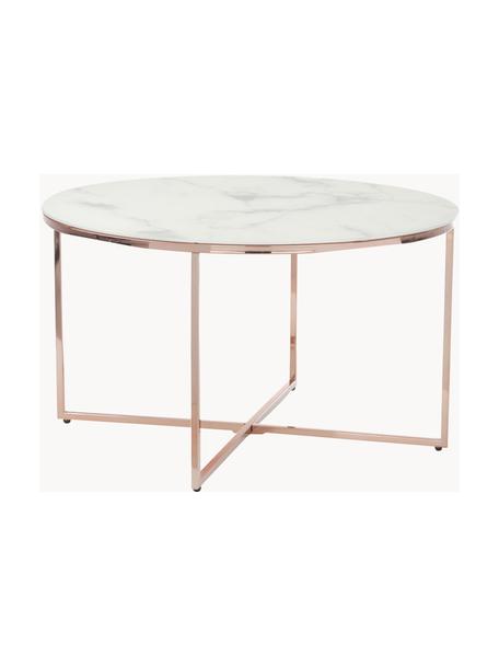 Table basse ronde avec plateau en verre aspect marbre Antigua, Blanc aspect marbre, or laiton, Ø 80 cm