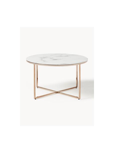Mesa de centro Antigua, tablero de vidrio aspecto mármol, Tablero: vidrio estampado en efect, Estructura: metal, latón, Aspecto mármol blanco, dorado, Ø 80 cm