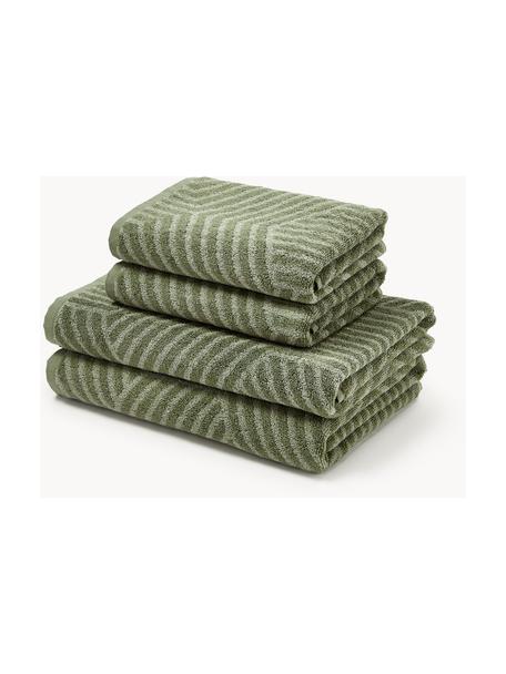 Set de toallas lavabos Fatu, tamaños diferentes, Tonos de verde oliva, Set de 4 (toallas lavabo y toallas ducha)