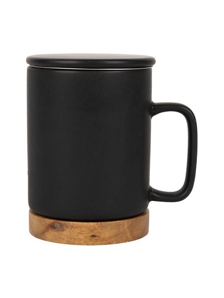 Tazza con coperchio e colino, base in legno di acacia Nordika, Nero, legno di acacia, Ø 8 x Alt. 12 cm, 370 ml