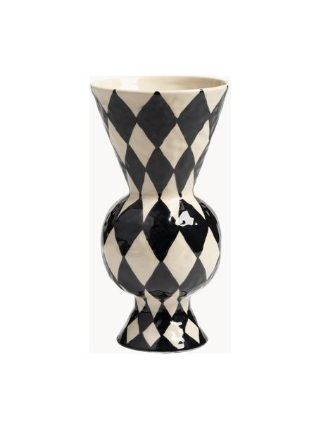 Handbemalte Vase Rhombic, H 30 cm, Steingut, Schwarz, Off White, Ø 16 x H 30 cm